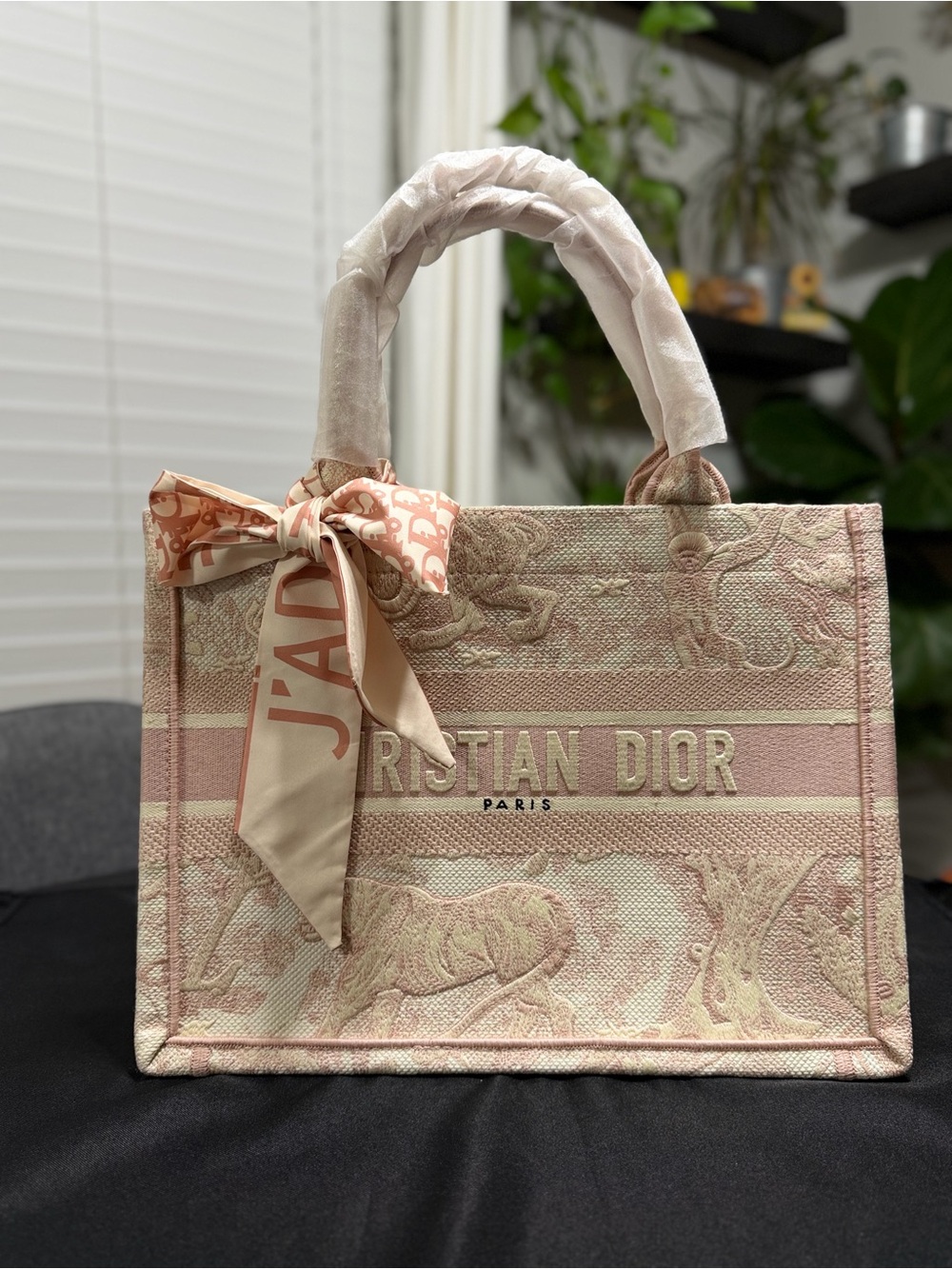 Dior Pink and Cream Embroidered Book Tote with Bow Scarf